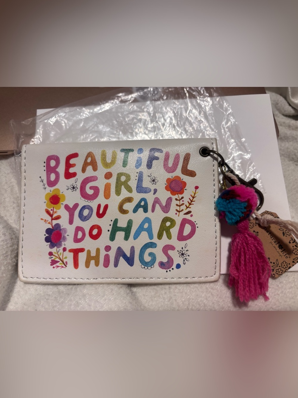 NATURAL LIFE White & Gold Card Holder with Pink Tassel Charm